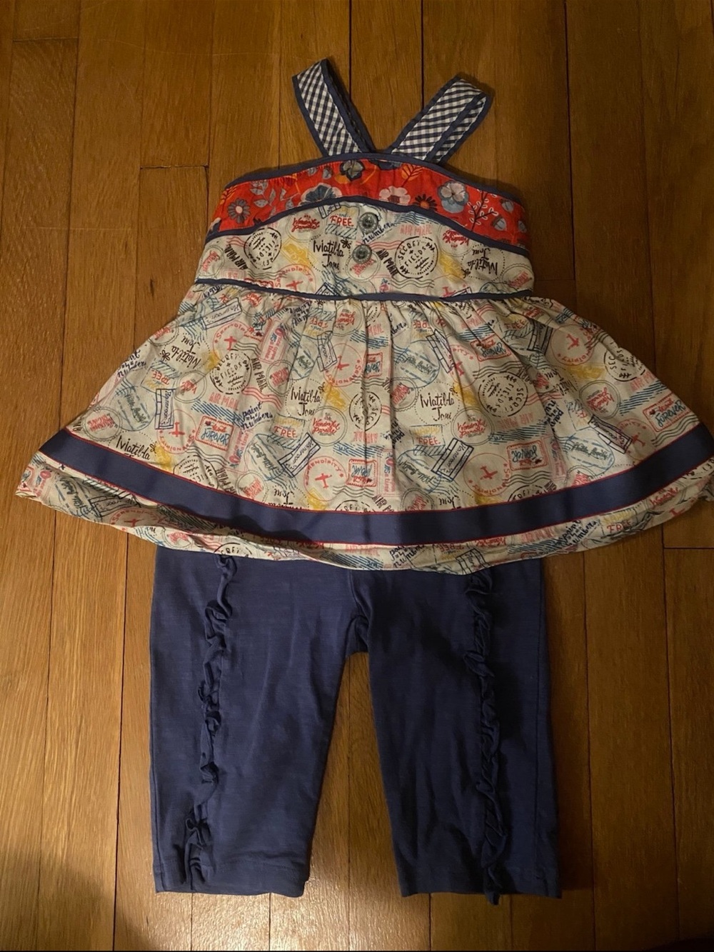 Matilda Jane Traveler Navy Blue Ruffle Leggings with Printed Tunic Top